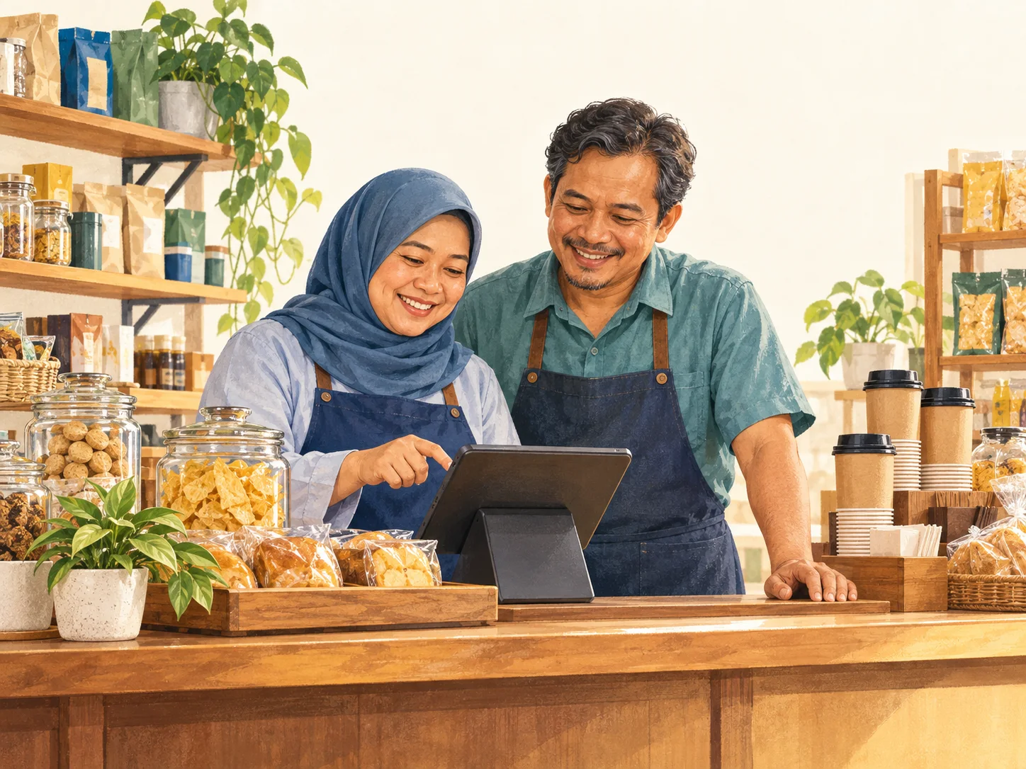Ilustrasi bapak dan ibu pemilik usaha menggunakan kasir digital di toko mereka